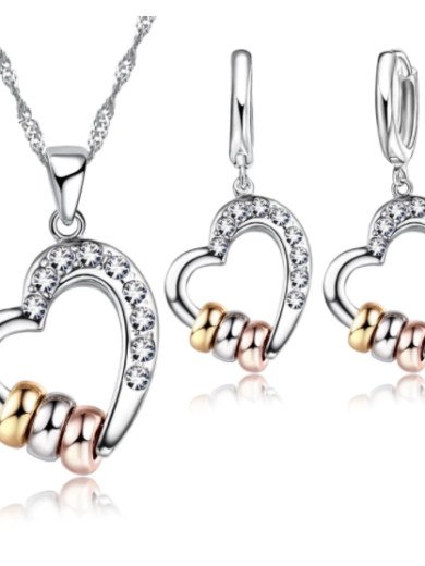 Classic Heart Pendant with tri color rings in 925 Silver with a Pretty Necklace and matching Earrings