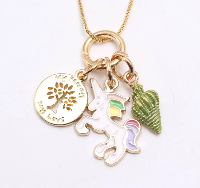 Little Unicorn with a Radiant Green Shell and a Family Tree charm Pendant