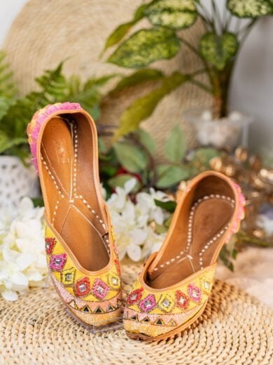 Women Yellow and Pink Embellished Mojaris