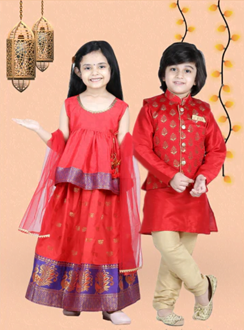 Shubh red kurta pajama jacket set