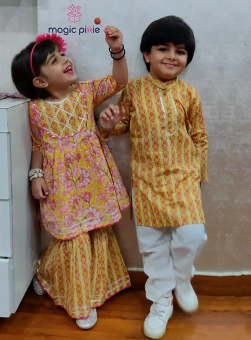 Yellow pink kurta pajama set