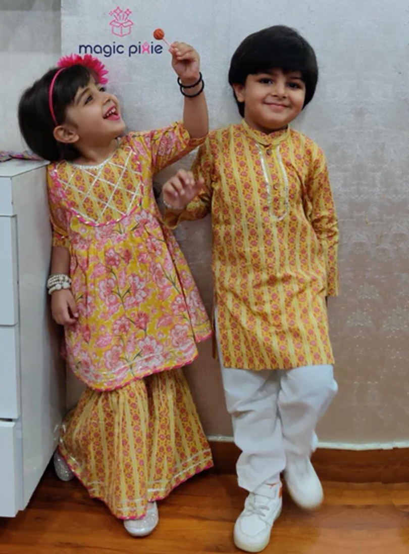 Yellow green kurta pajama set