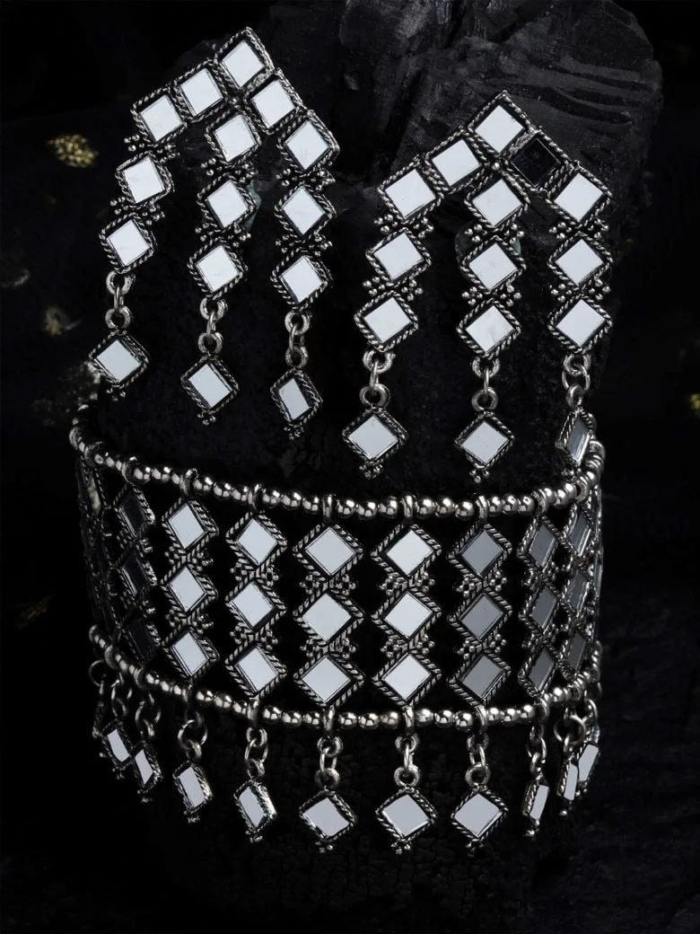 Oxidised Silver-Plated Mirror Jewellery Set