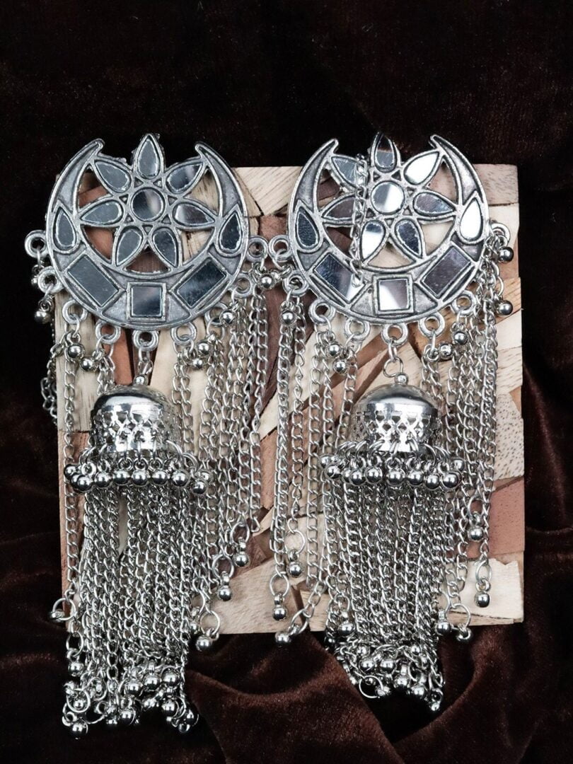 Women Silver-Toned Oxidized Jhumka Earrings