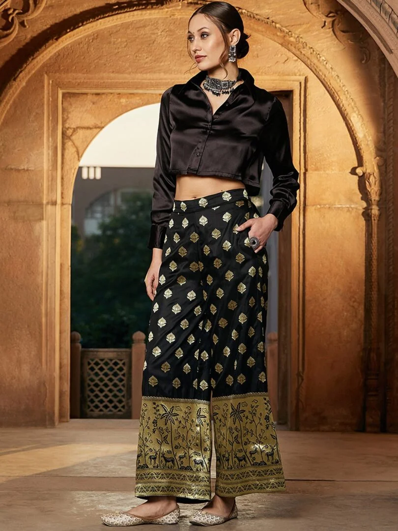 Satin Crop Shirt With Self Design Brocade Palazzo