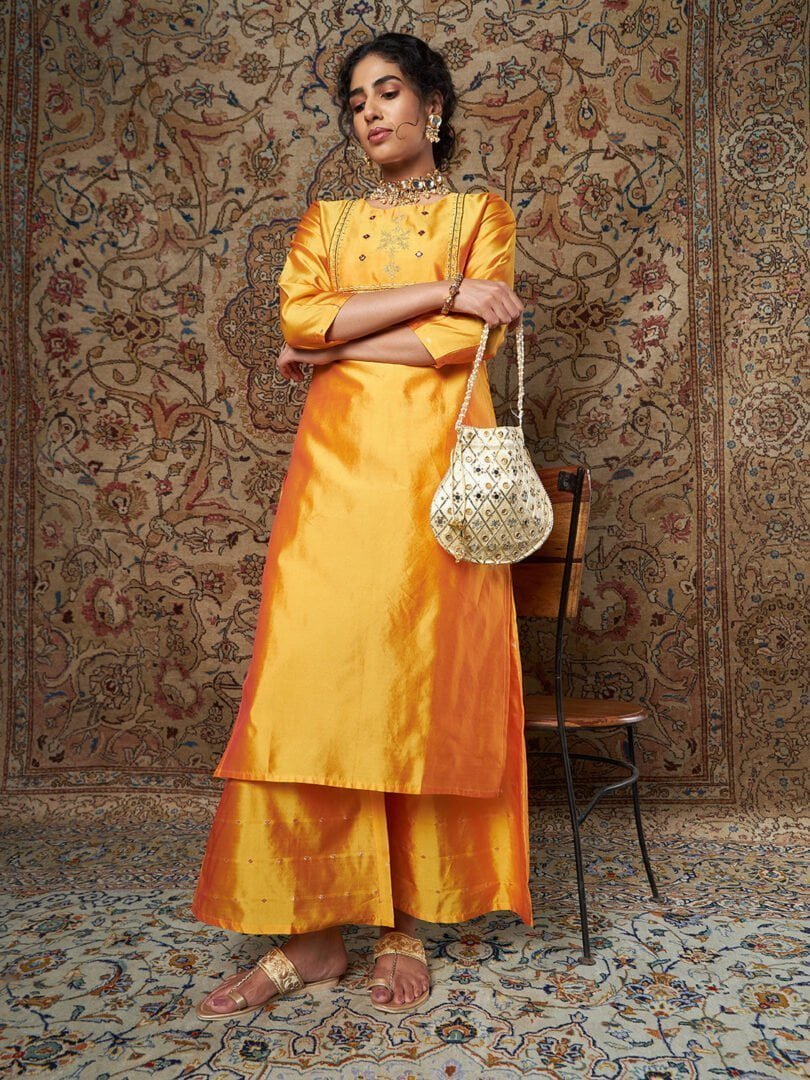 Women Mustard Zari Embroidered Kurta With Palazzo Pants