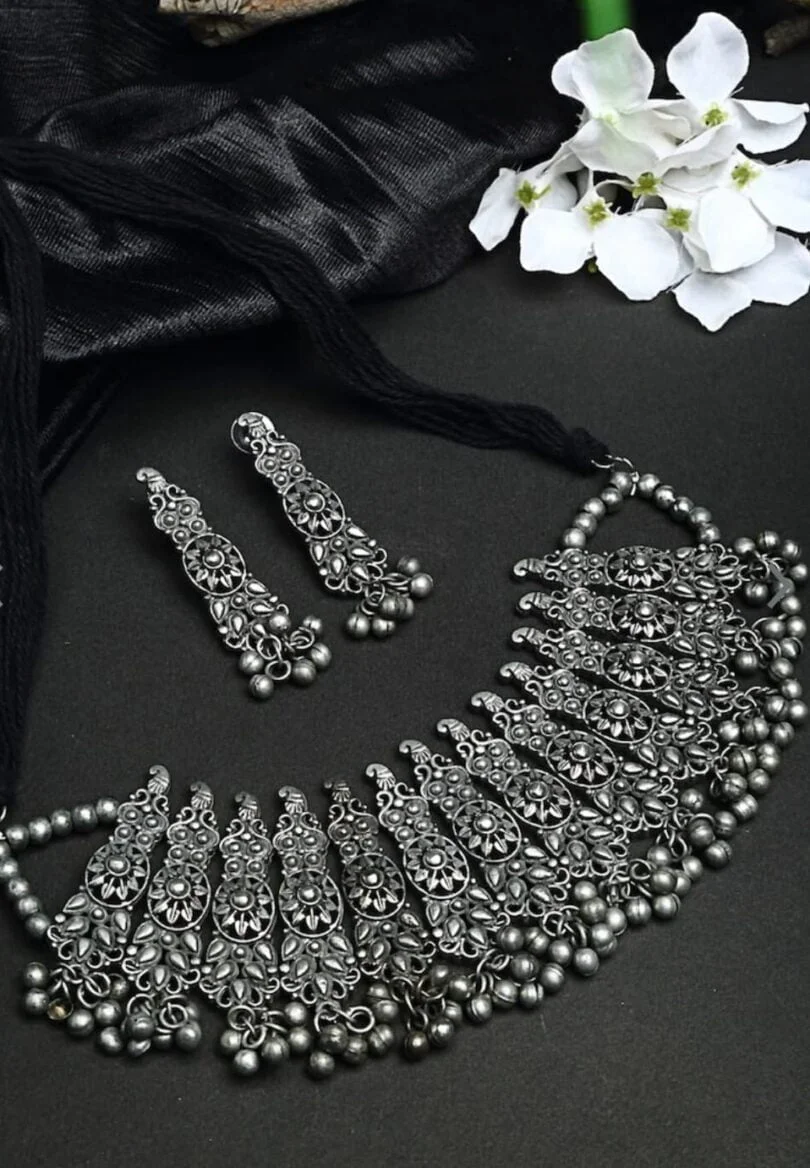 Oxidised Silver Plated & Black Jewellery Set