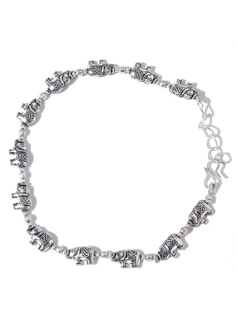 Set of 2 Oxidised German Silver Elephant Shaped Anklets With Silver-Plating