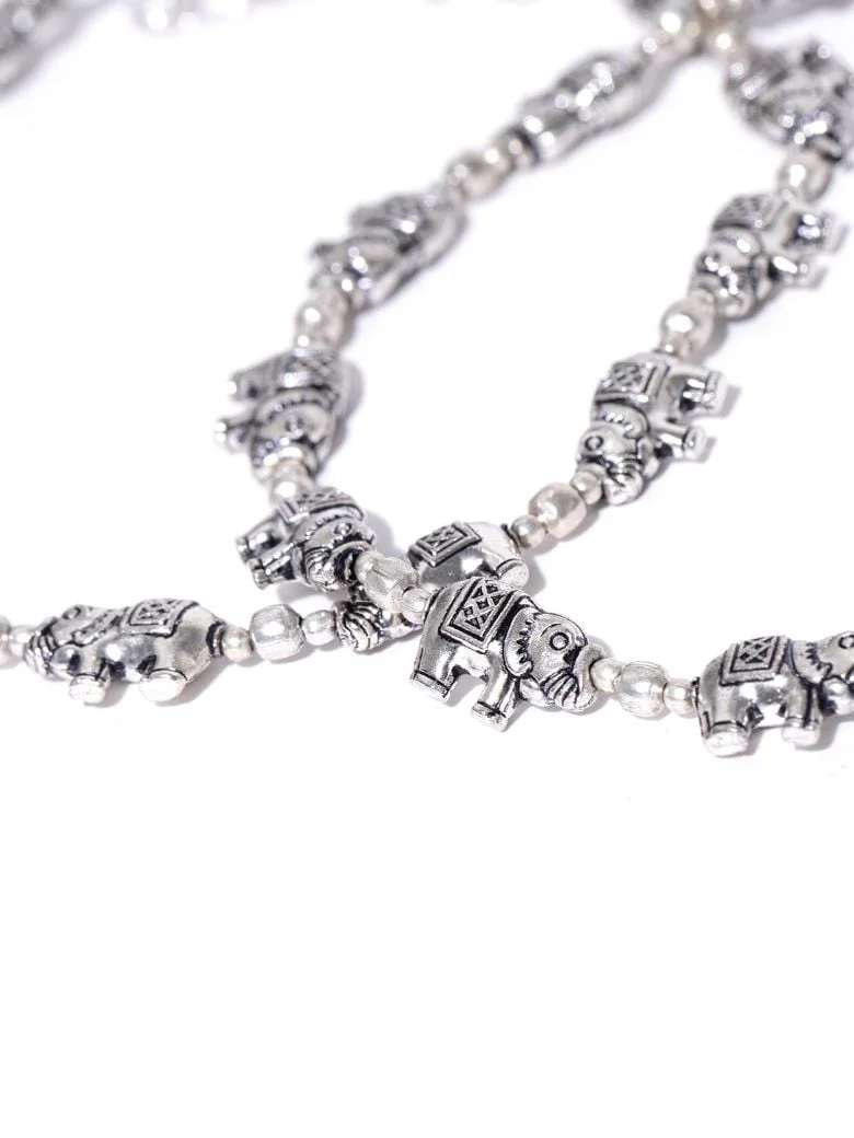 Set of 2 Oxidised German Silver Elephant Shaped Anklets With Silver-Plating