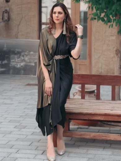 Shimmer Gold And Black Drape Style Dress