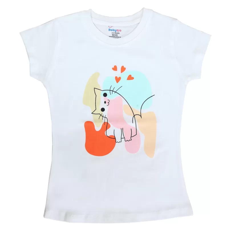 Colorful Cute Cat Printed Cotton Top For Girls