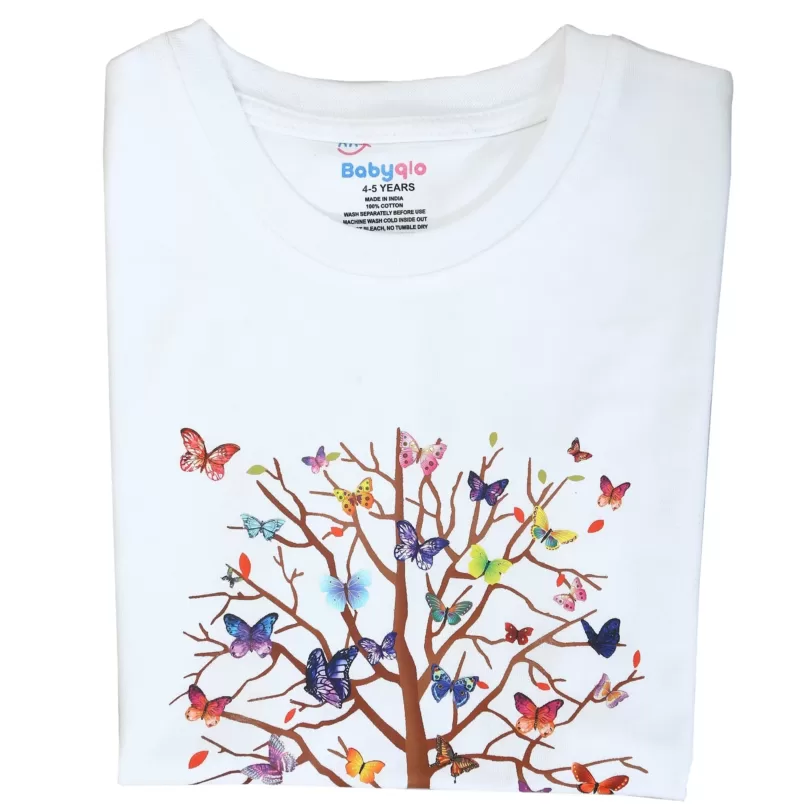 Multicolor Butterfly With Tree Printed Cotton Top For Girls