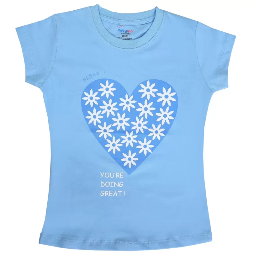 Heart With Flower Printed Sky Blue Cotton Tee For Girls