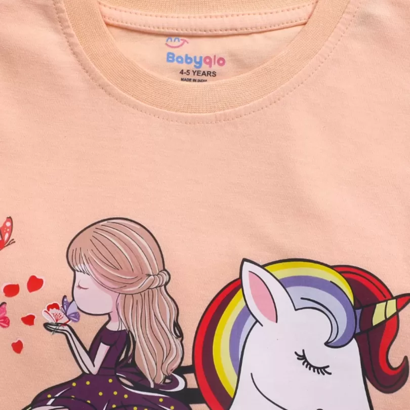 Cute Unicorn With Girl Printed-Cotton Tee For Girls