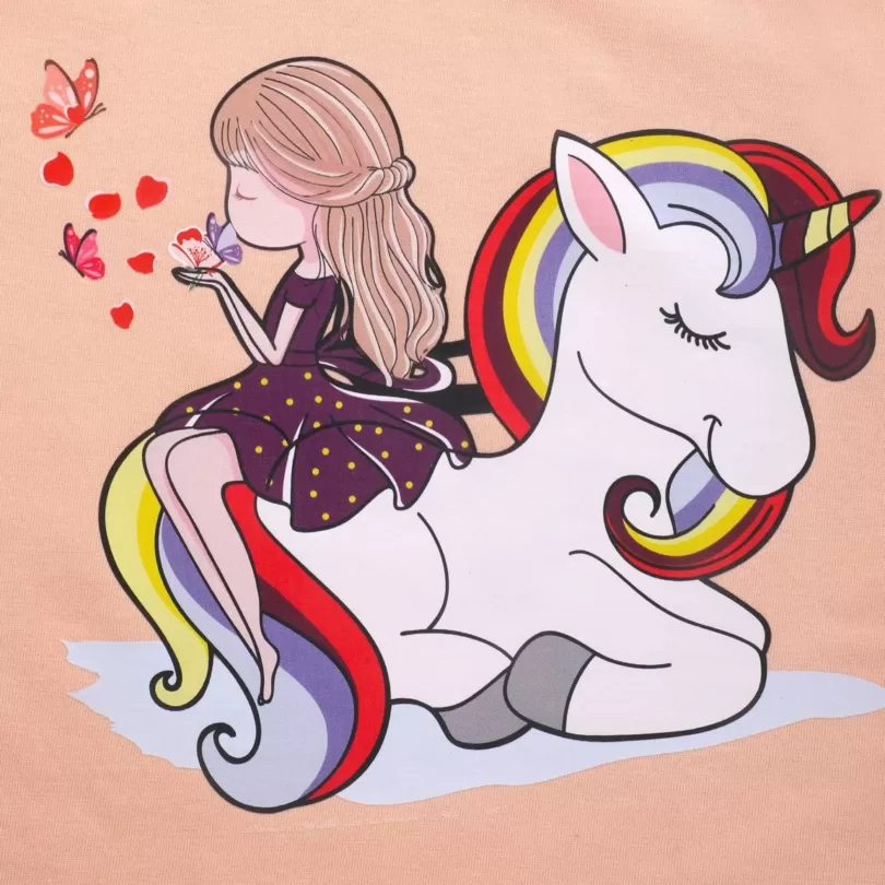 Cute Unicorn With Girl Printed-Cotton Tee For Girls