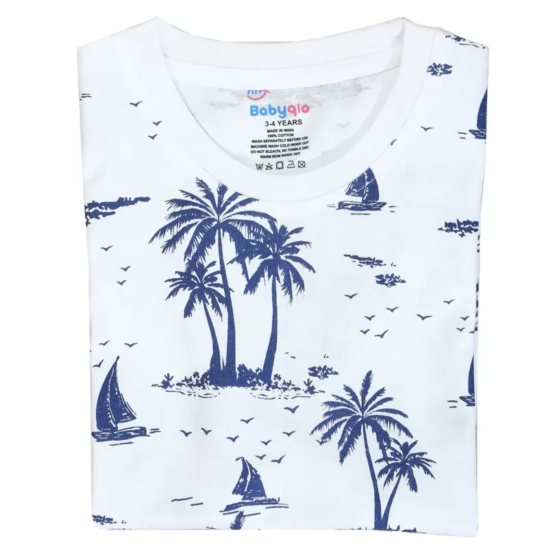 Palm Tree And Boat Printed Cotto T Shirt For Boys