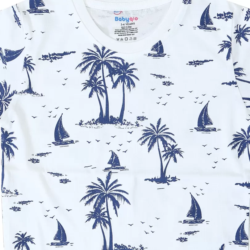 Palm Tree And Boat Printed Cotto T Shirt For Boys