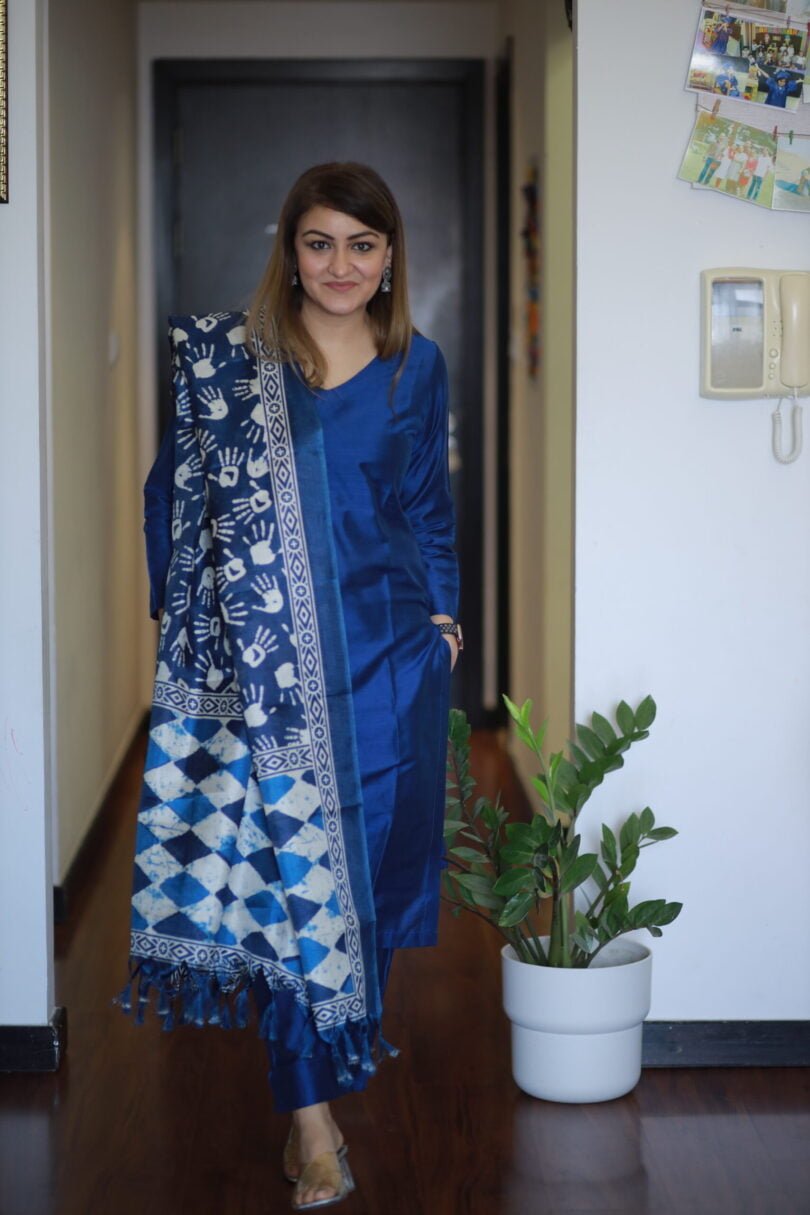 Blue Suit Set with Silk Blend Dupatta