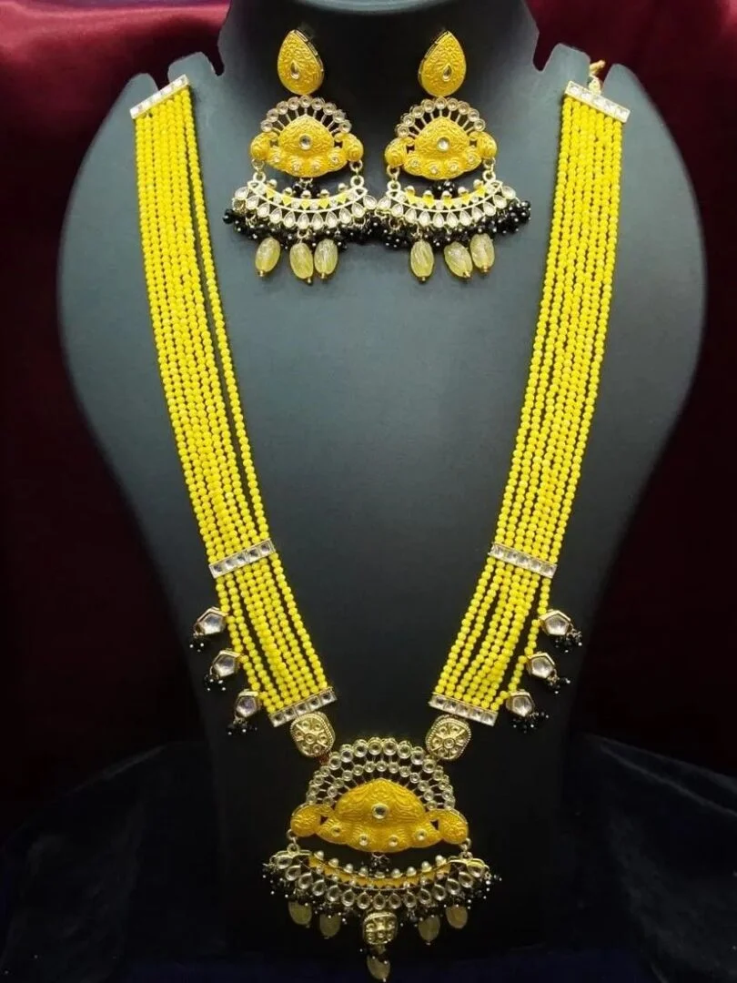 Yellow Beaded Stone-Studded Necklace Set