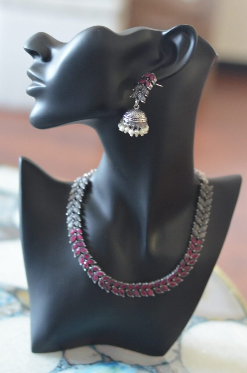 Oxidised Silver Leaf Necklace Set (Pink)