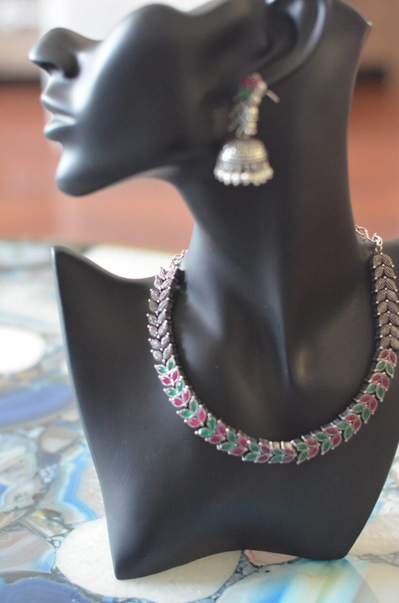 Oxidised Silver Leaf Necklace Set (Green and Pink)