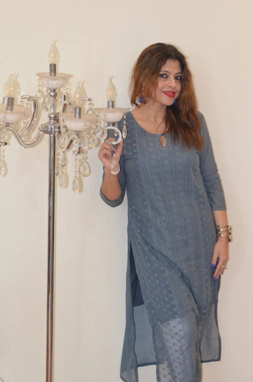 Chikankari Georgette Kurta -Grey with attached Slip