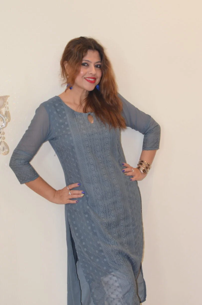 Chikankari Georgette Kurta -Grey with attached Slip