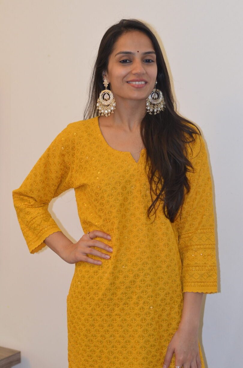 Sequence Work Chikankari Kurta- Yellow (40 , 42)