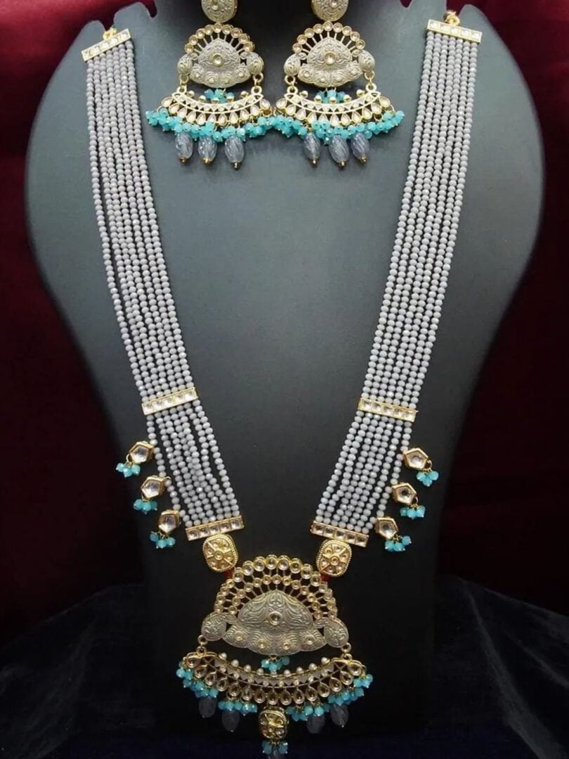Grey Beaded Stone-Studded Necklace Set