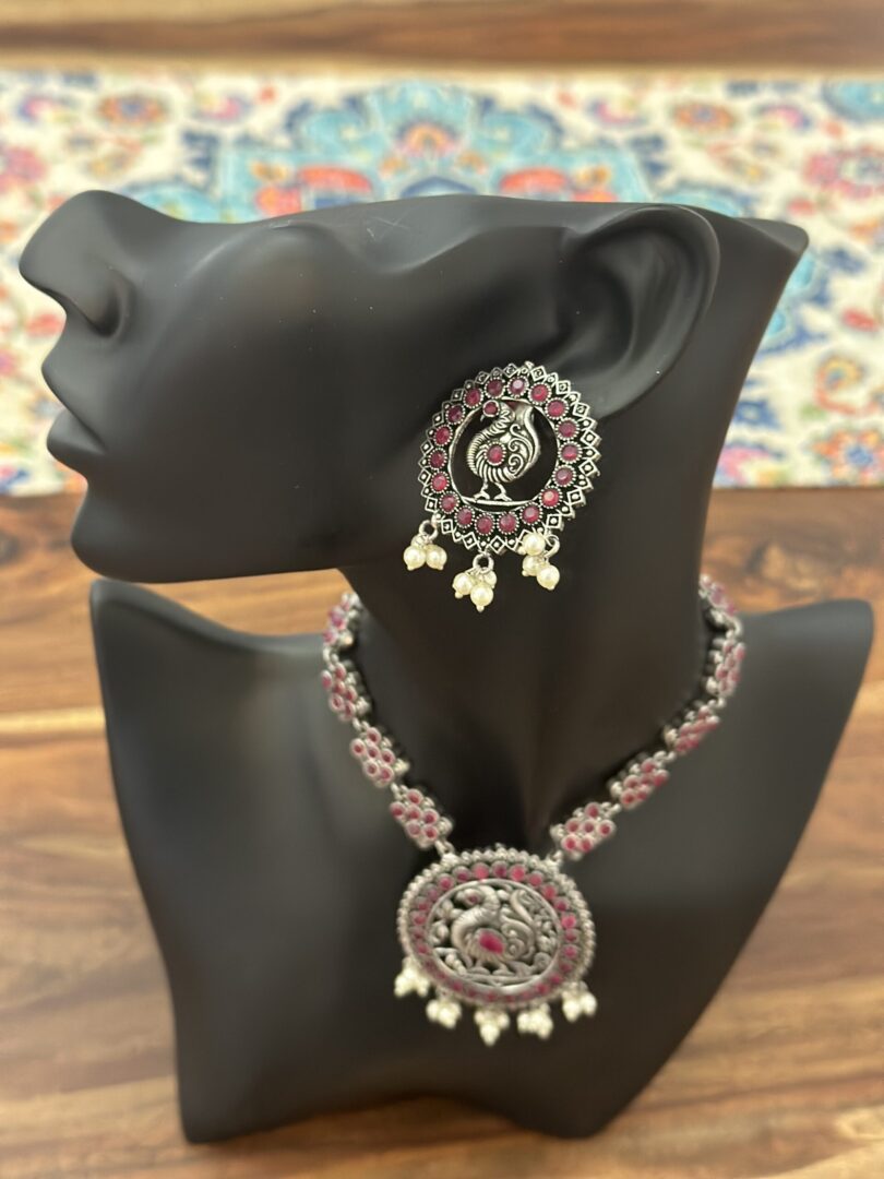Silver Oxidised Pink Circle Pendant and Earrings Set