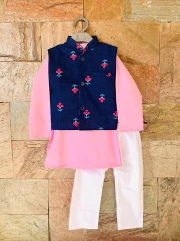 K'unwar Shahi Blue and Pink linen Jacket Set