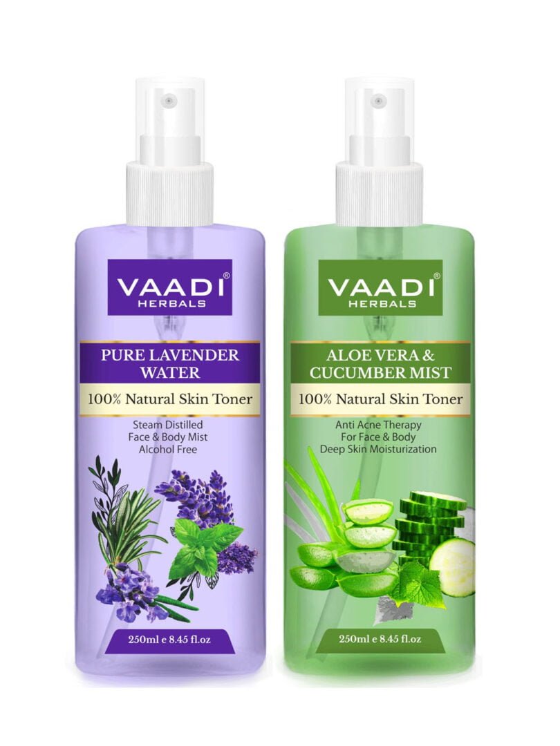 Pack of 2 Skin Toners - Lavender Water and Aloe Vera & Cucumber Mist - 100% Natural & Pure