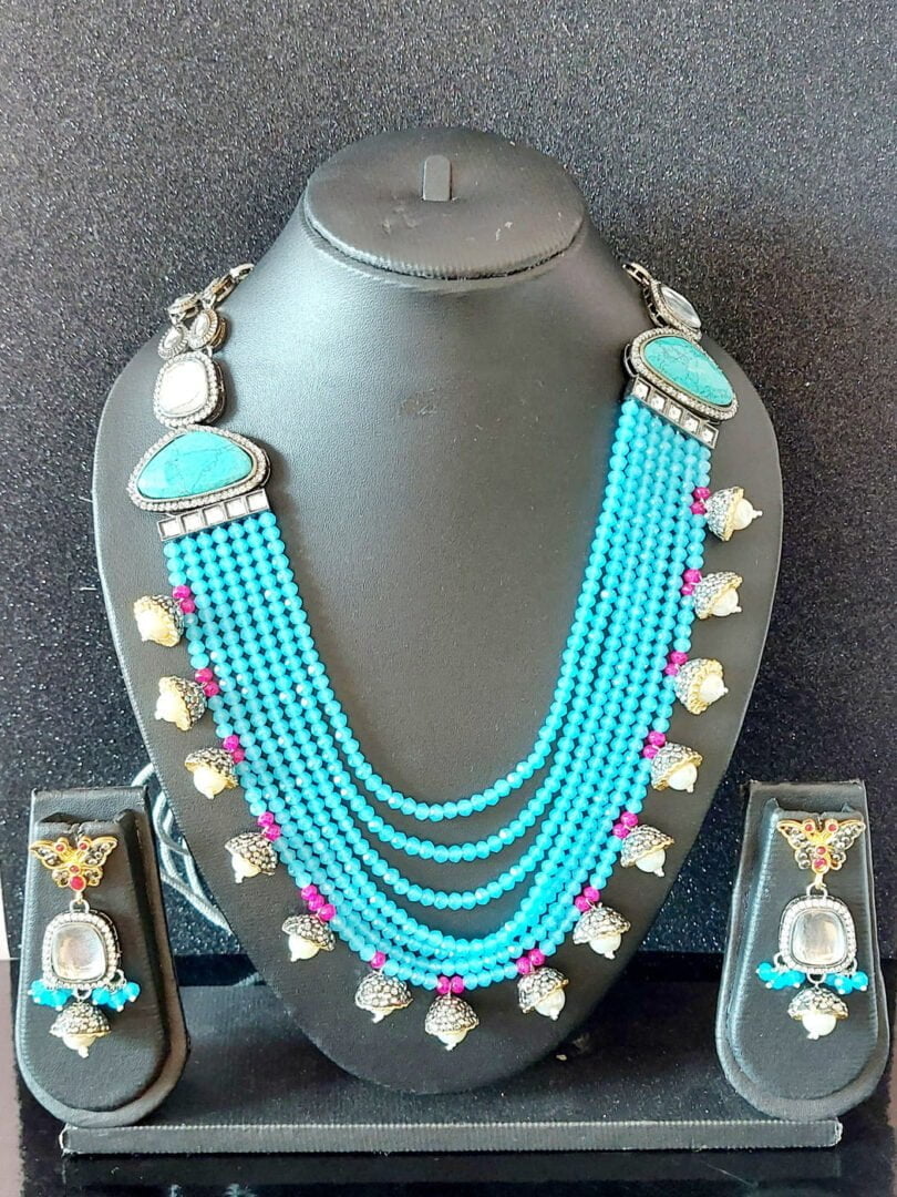 Sky-Blue Beaded Long Rukmani Stone-Studded Necklace Set