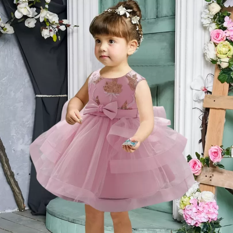 Frilled Knee Length Sequins Pattern Pink Party Dress