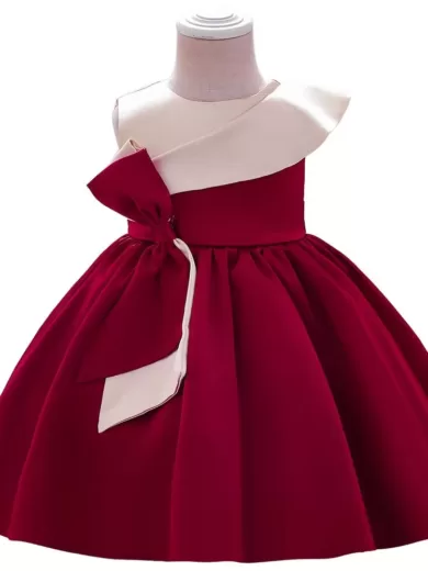 Two Toned Knee Length Red Party Dress With Bow For Girls