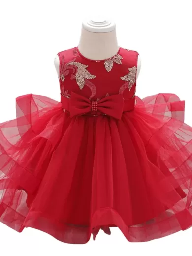 Frilled Knee Length Sequins Pattern Red Party Dress