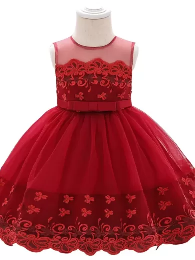 Elegent Red Knee Length Dress With Lace Work For Girls