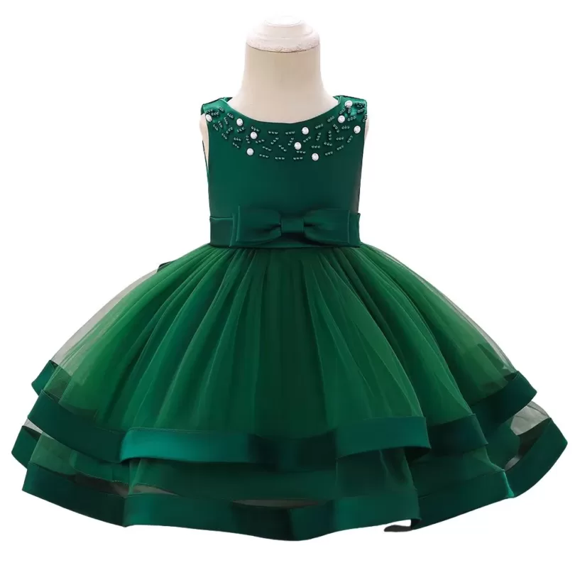 Frilled Pearl Work Green Party Dress For Girls