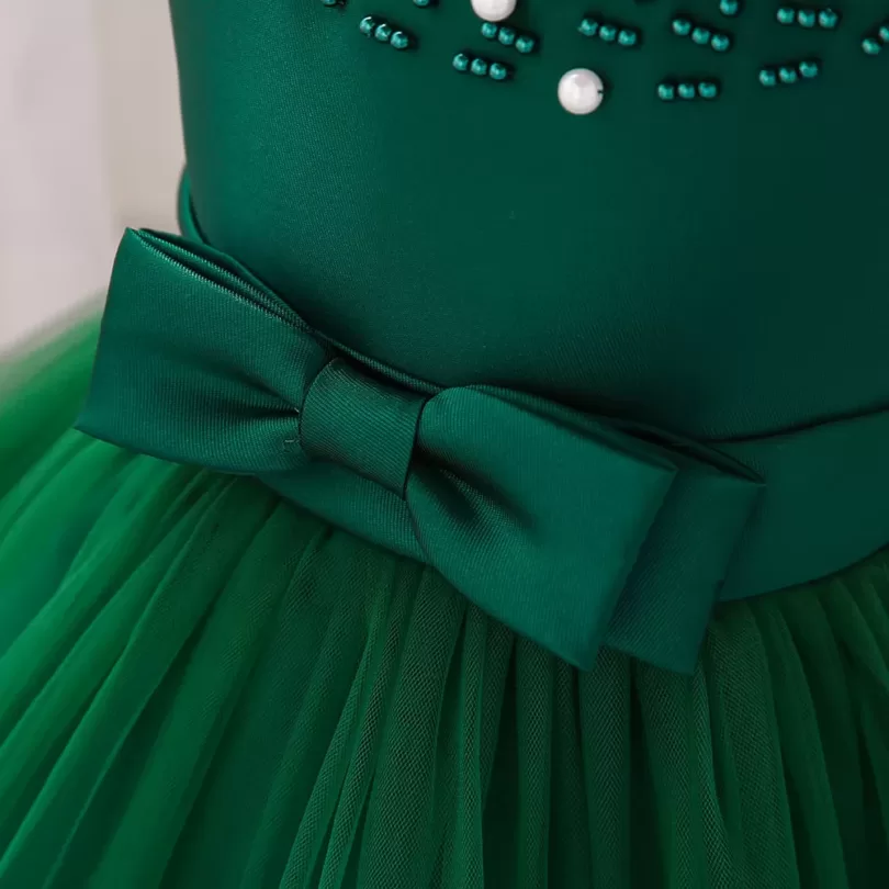 Frilled Pearl Work Green Party Dress For Girls