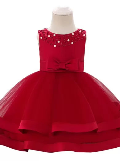Frilled Pearl Work Red Party Dress For Girls