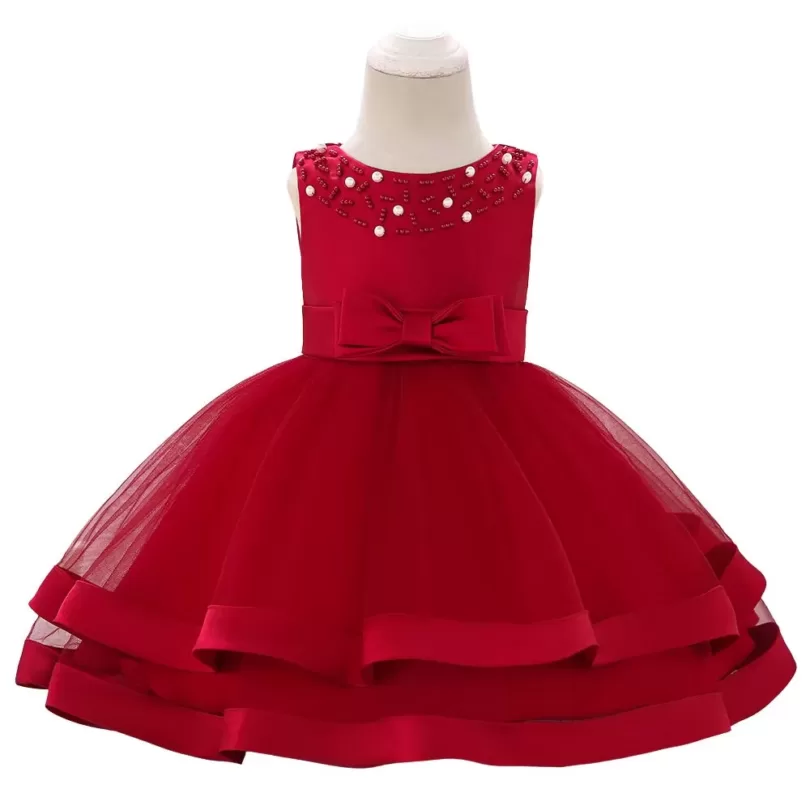 Frilled Pearl Work Red Party Dress For Girls
