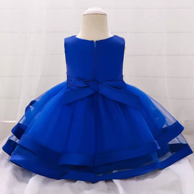 Frilled Pearl Work Blue Party Dress For Girls