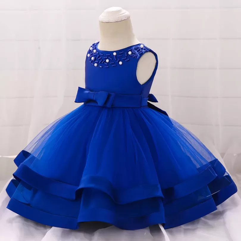 Frilled Pearl Work Blue Party Dress For Girls