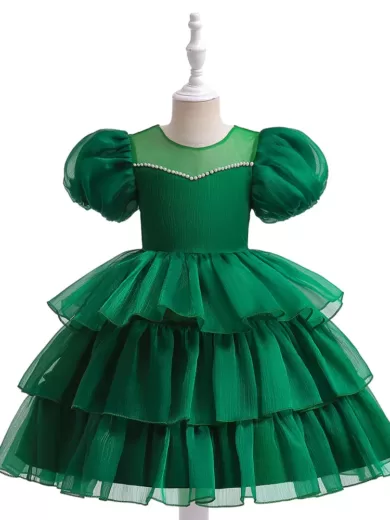 Balloon Sleeved Green Knee Length Dress With Frilly Plates For Girls
