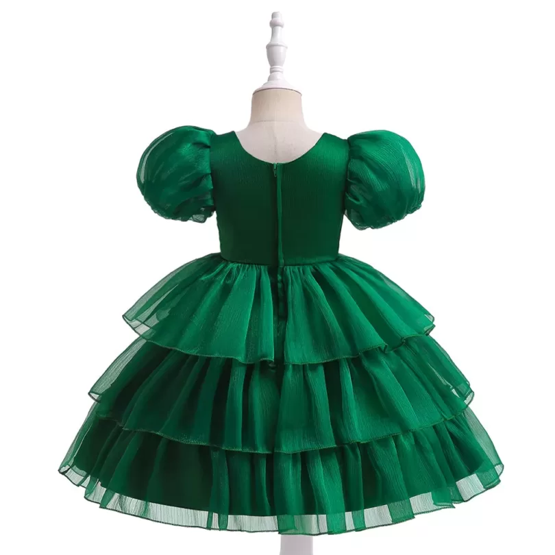 Balloon Sleeved Green Knee Length Dress With Frilly Plates For Girls