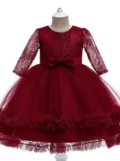 Lace Pattern Three Fourth Sleeve Frill Red Party Dress For Girls