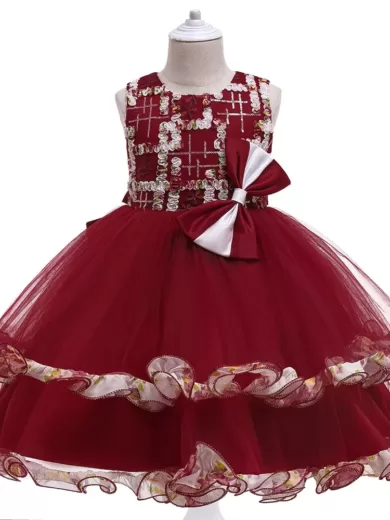 Applique And Frill Work Party Knee Length Red Dress For Girls