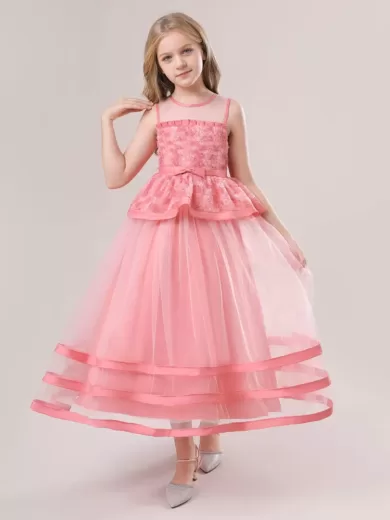 Pink Layered Hem Mesh Party Dress For Girls