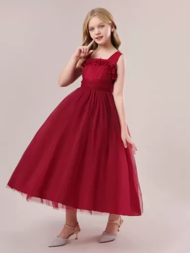 Appliques Mesh Sleeveless Long Red Party Dress For Girls