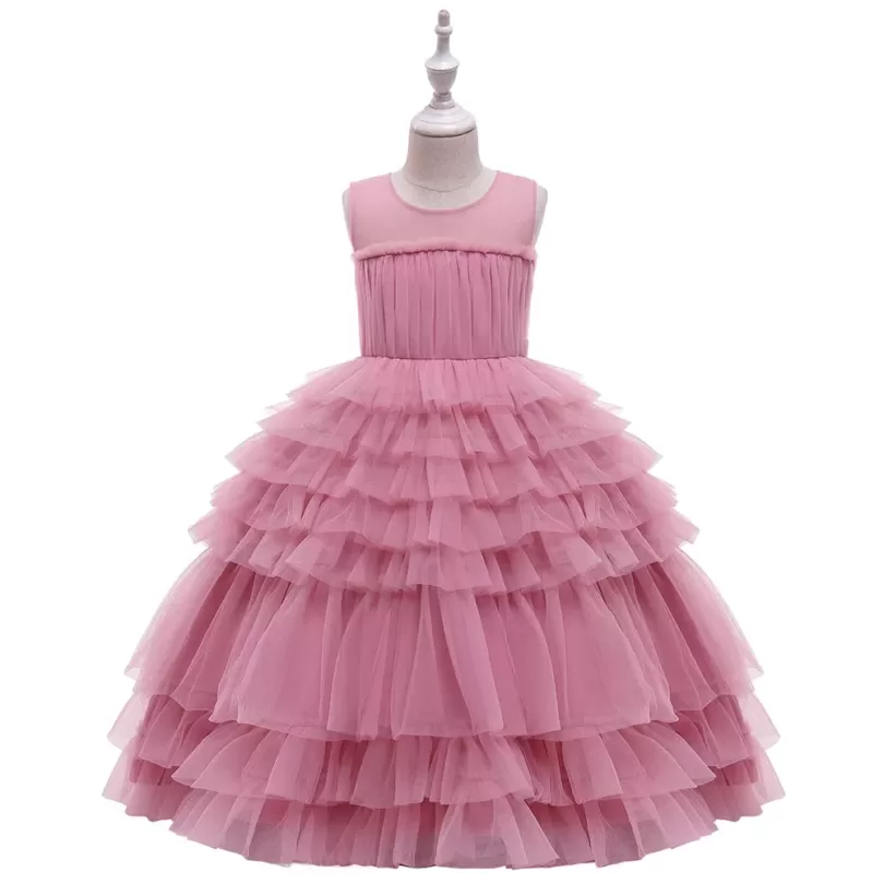 Layered Mesh Long-pink-Party-Dress For Girls